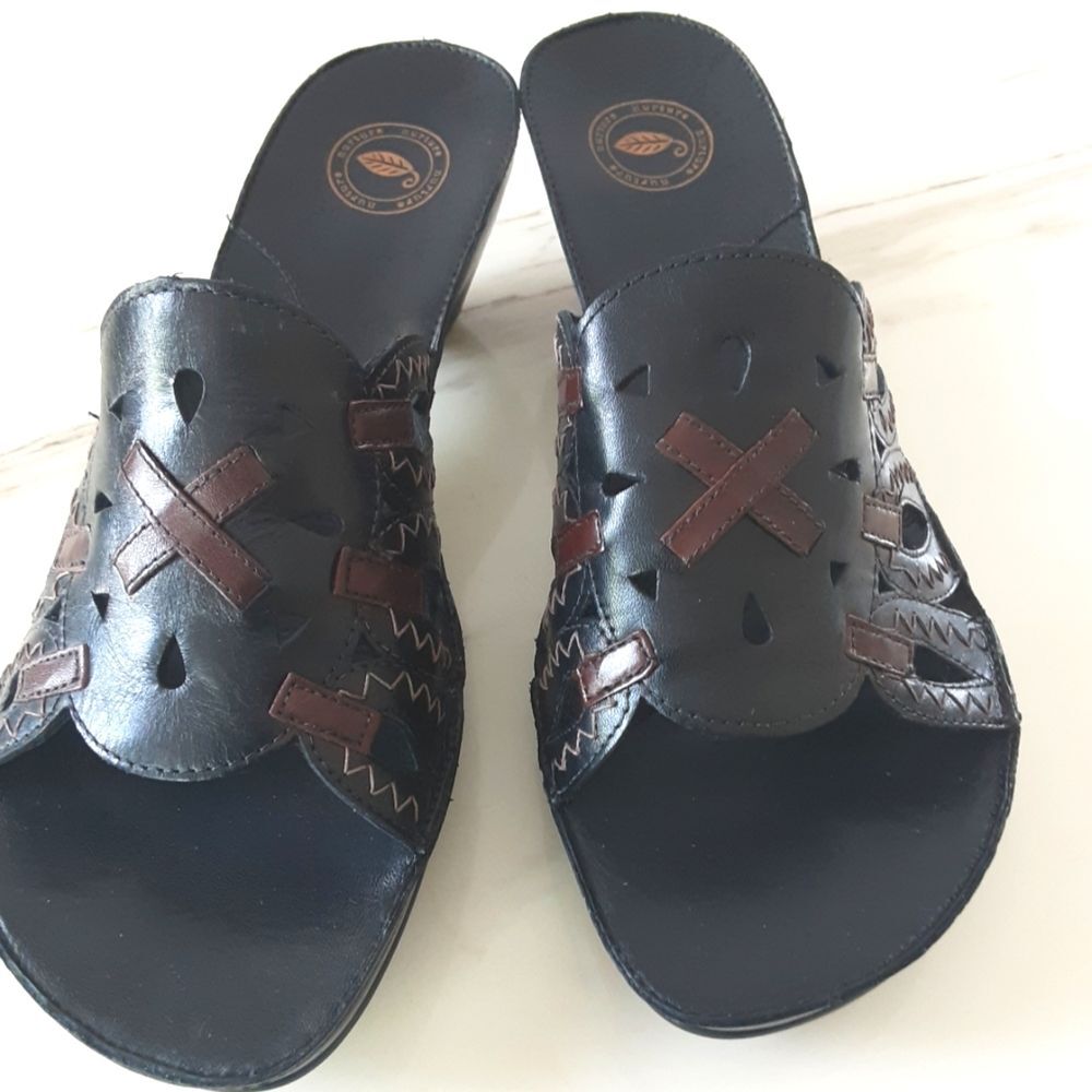 NURTURE by Lamaze Leather Kitten Heel Black | Brown Leather Slides Sz 8.5 - NWOT